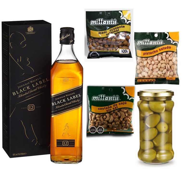 Whisky Johnnie Walker, Etiqueta Negra 750cc, Mani, Pistacho, Castaas y Aceitunas